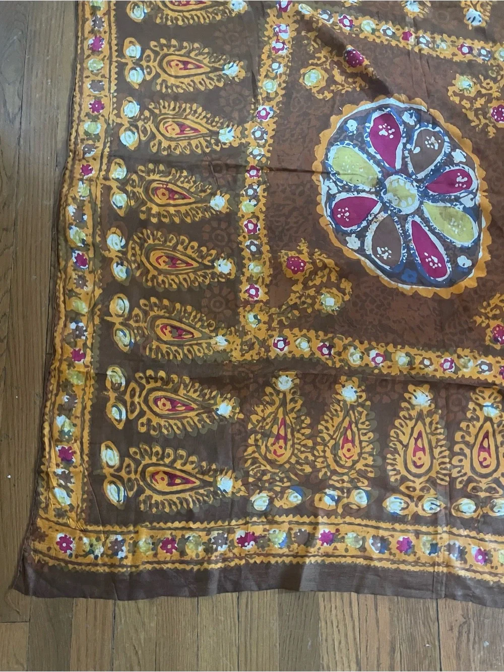 Vintage Pure Silk Govt Iran Paisley Square 45in scarf Brown Yellow Pink 70s